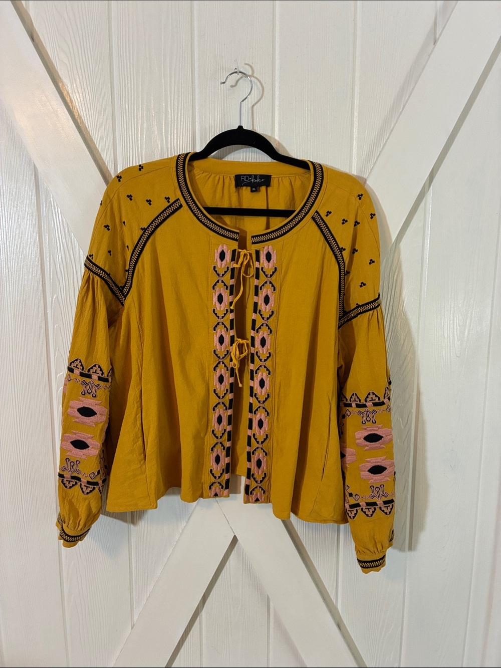 RD & KoKo Boho Embroidered Mustard Peasant Tie Front Jacket